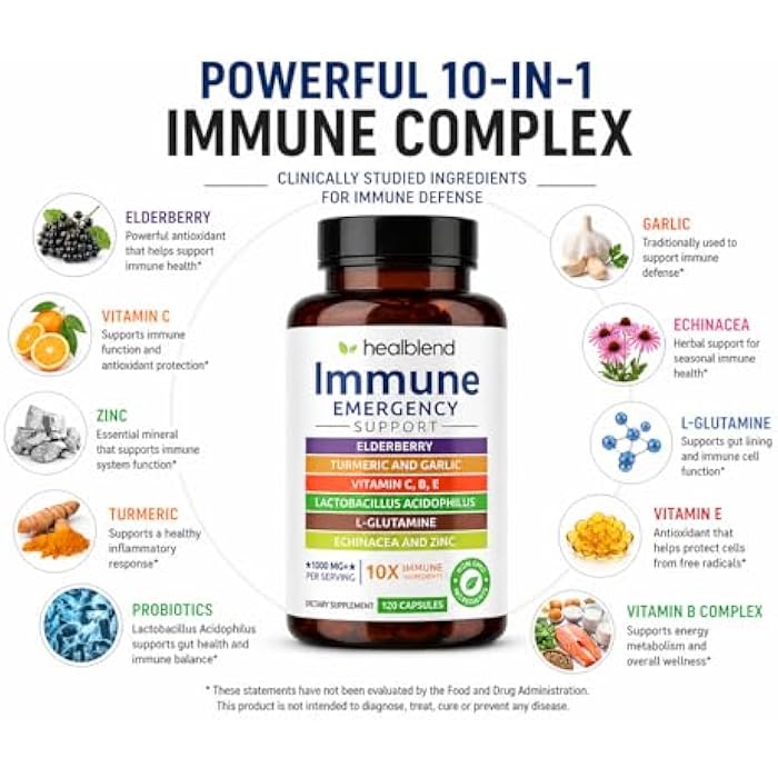 healblend 10 in 1 Immune Support Supplement Booster with Elderberry, Zinc, Echinacea, Turmeric, Lactobacillus Acidophilus, for Adults [120 Capsules] - Image 3