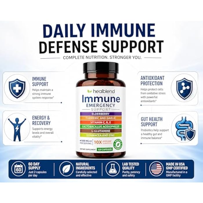 healblend 10 in 1 Immune Support Supplement Booster with Elderberry, Zinc, Echinacea, Turmeric, Lactobacillus Acidophilus, for Adults [120 Capsules] - Image 4