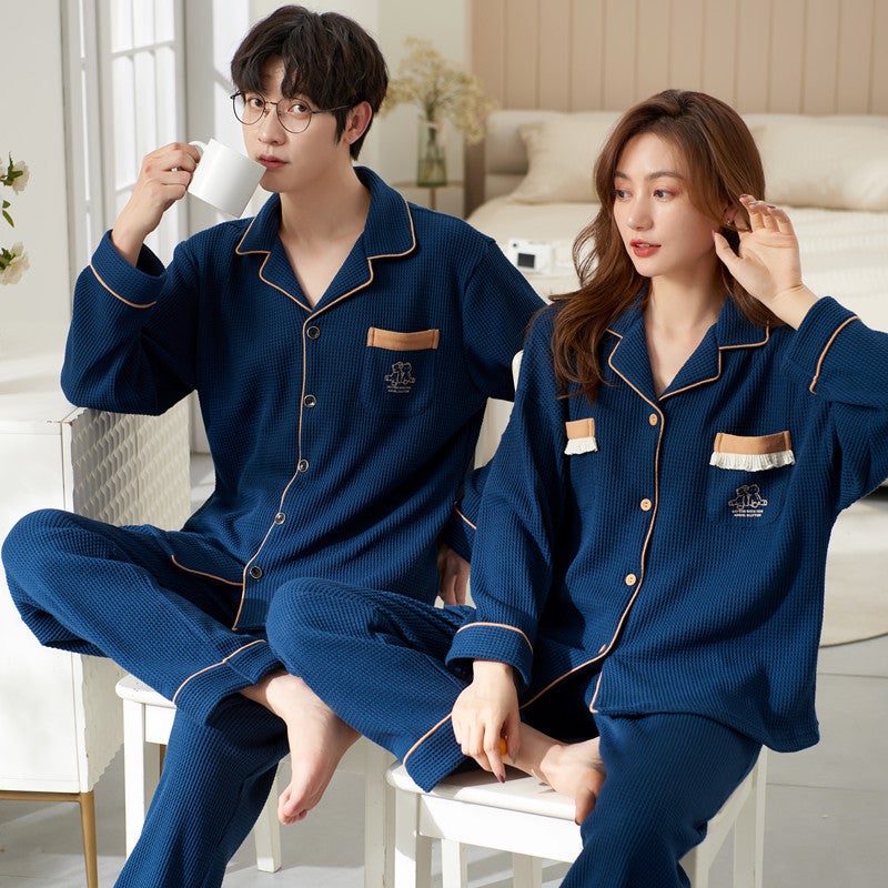 Couple Pajamas Spring & Fall Long-Sleeved Style One Man And One Woman Large Size Cotton Home Clothes Set Can Be Worn Outside In Summer - Image 1