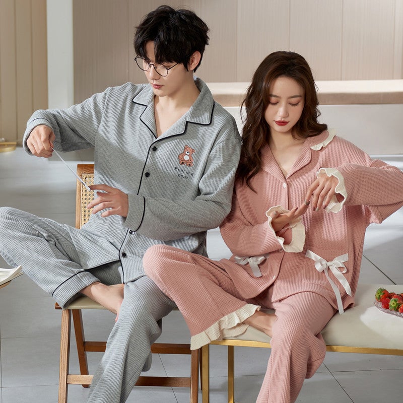 Couple Pajamas Spring & Fall Long-Sleeved Style One Man And One Woman Large Size Cotton Home Clothes Set Can Be Worn Outside In Summer - Image 2