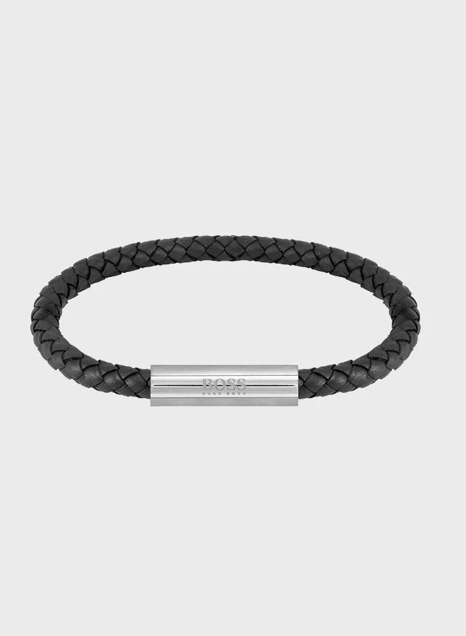 BOSS Mens Braided Leather Collection Bracelet With Black Leather And Stainless Steel Closure - 1580152