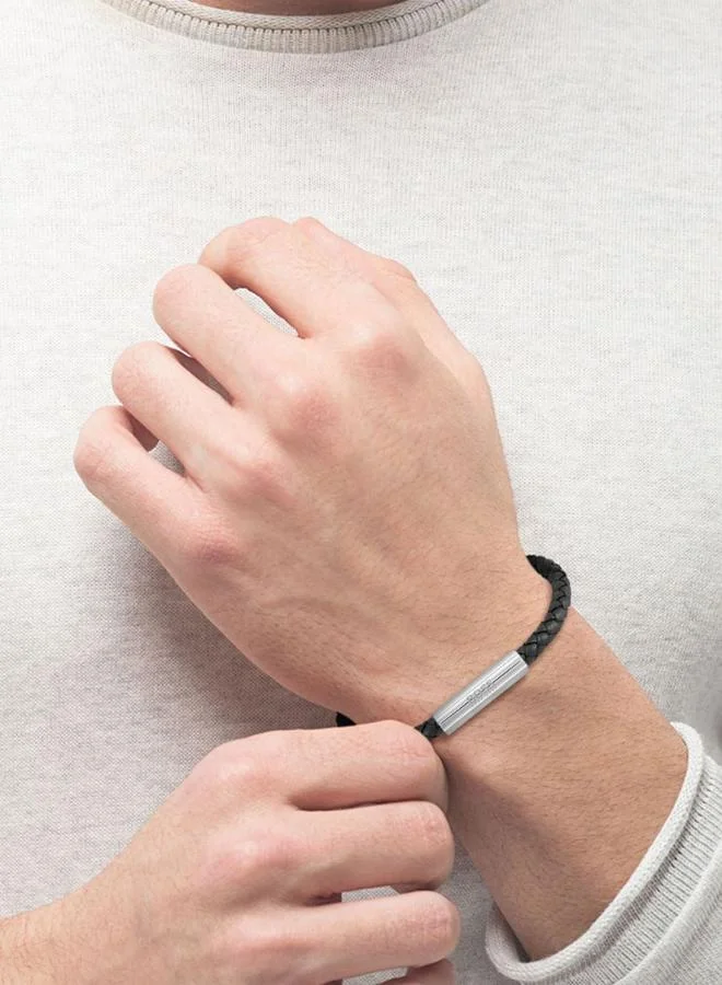BOSS Mens Braided Leather Collection Bracelet With Black Leather And Stainless Steel Closure - 1580152