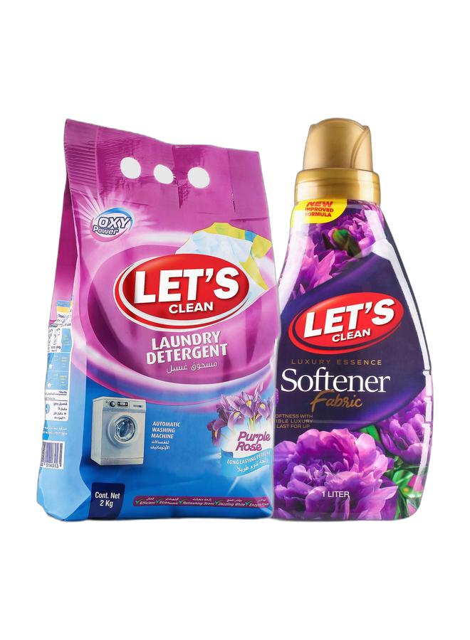 LET'S CLEAN مسحوق غسيل بالورد الأرجواني 2 كجم ومُنعّم الأقمشة برائحة اللافندر الفاخرة 1 لتر - Image 1
