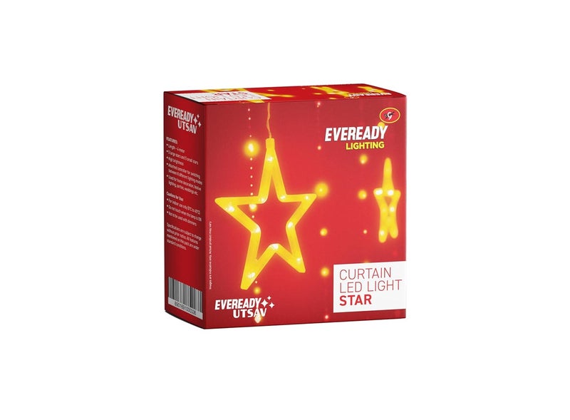 Eveready EVEREADY Curtain Star Decorative and Festive Lighting Attached Remote Controller 8 Different Lighting Modes 12 Stars 6 Small 6 Large 4M BIS Approved Made in India Warm White - Image 1