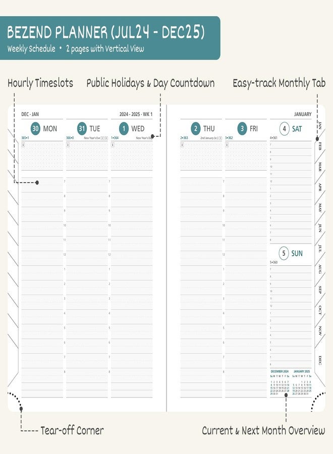 BEZEND Planner 2025 Starts from Now, 18 Months (July24-Dec25) [Dark Green] 5.8" x 8.5", Academic Year Planner, Daily Weekly and Monthly Calendar with Pen Holder, Vegan Leather Hard Cover - Image 3