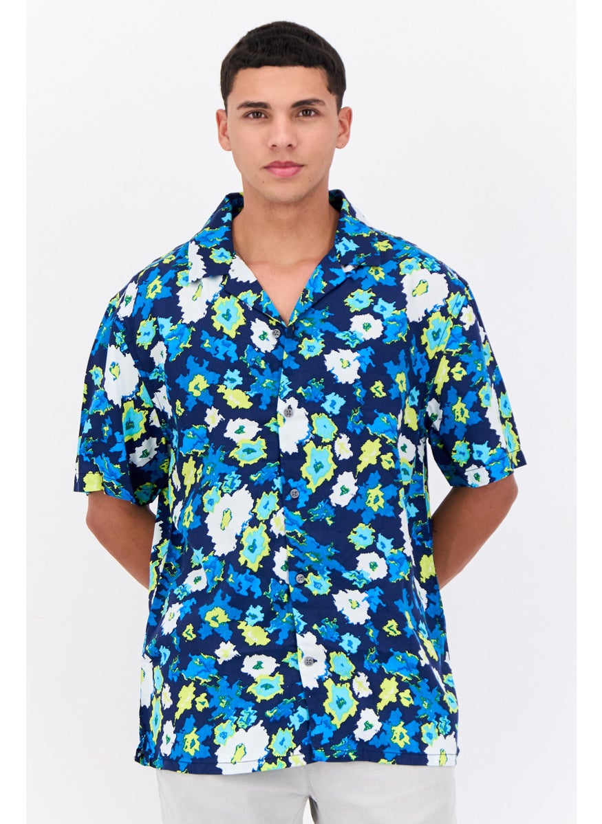 French Connection Men Regular Fit Allover Print Short Sleeves Casual Shirt, Navy Combo  - Image 1