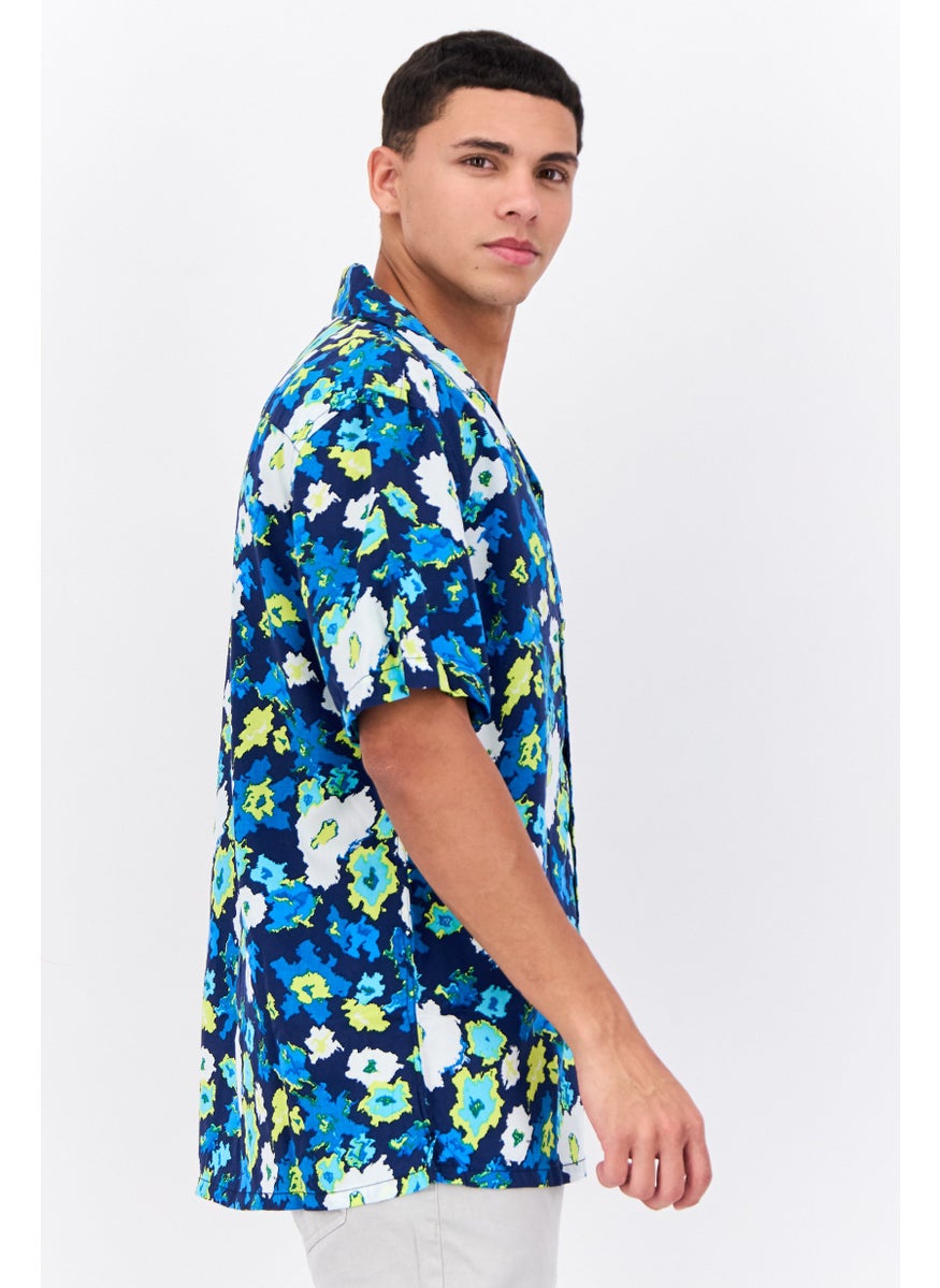 French Connection Men Regular Fit Allover Print Short Sleeves Casual Shirt, Navy Combo  - Image 2