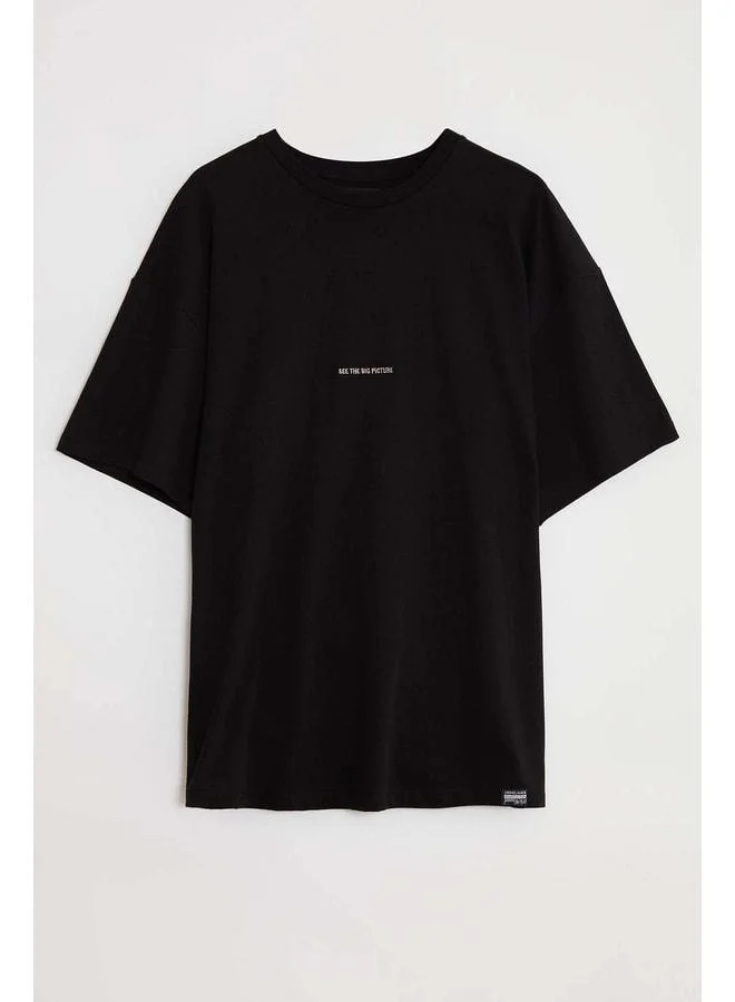 Grimelange Rıver Men's Embroidered Oversize 100% Organic Cotton Knitted Black T‑shirt.