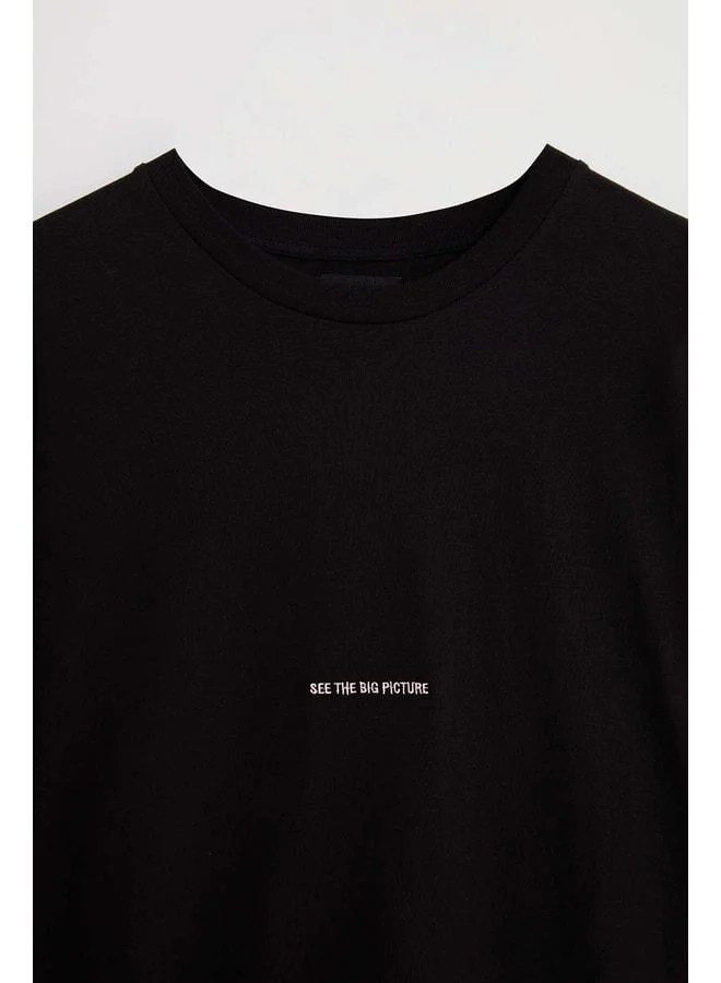 Grimelange Rıver Men's Embroidered Oversize 100% Organic Cotton Knitted Black T‑shirt.