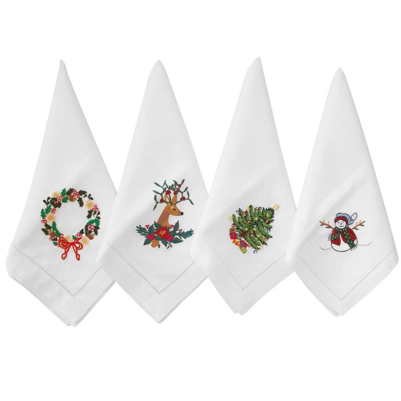 HCRAFT Embroidered Cotton Table Napkin Cloth Napkins Set of 4 18x18 Christmas Napkin Square Fabric Dining Room Napkins Cloth Machine Washable Christmas Napkins Great Present Ideas