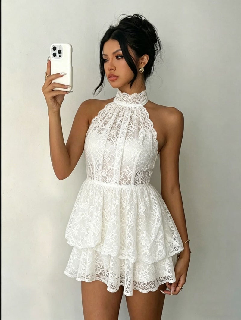 Sexy Lace Backless Halter Neck Short Dress Slim Fit Bodycon Summer Mini Dress - Image 1