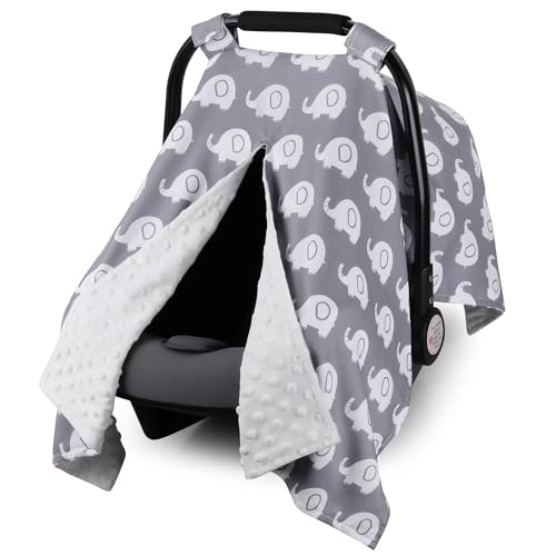 Rquite Car Seat Cover Baby Carseat Covers for Boy Girl Minky Infant Car Seat Cover Winter Peekaboo Opening Car Seat Canopy Multiuse Baby Carrier Stroller Nursing Cover Minky Blanket Elephant - Image 1