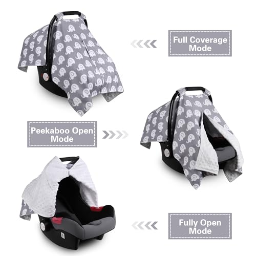 Rquite Car Seat Cover Baby Carseat Covers for Boy Girl Minky Infant Car Seat Cover Winter Peekaboo Opening Car Seat Canopy Multiuse Baby Carrier Stroller Nursing Cover Minky Blanket Elephant - Image 3
