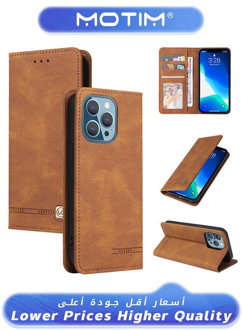 Case for iPhone 13 Case Leather Wallet Case with Card Holder Built-in Magnet Shockproof Protective Flip Cover for iPhone 13 Cover Brown
