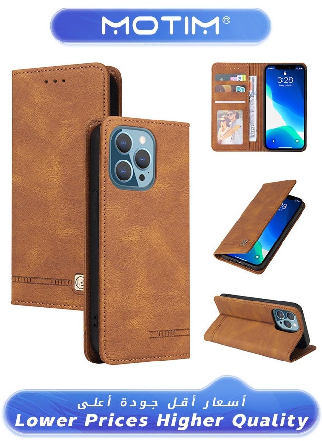 Motim - Case for iPhone 13 Case Leather Wallet Case with Card Holder Built-in Magnet Shockproof Protective Flip Cover for iPhone 13 Cover Brown - Image 1