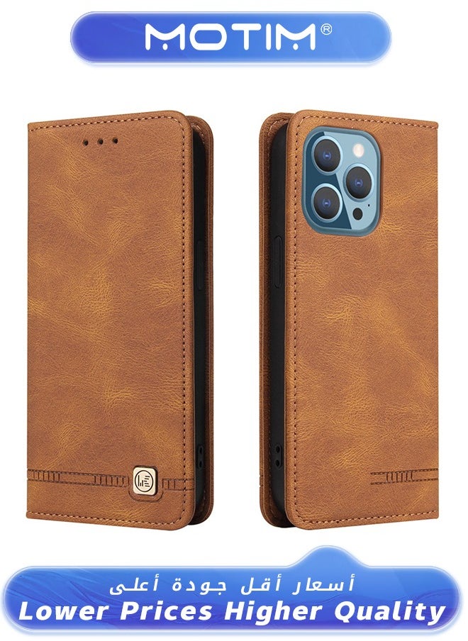 Motim - Case for iPhone 13 Case Leather Wallet Case with Card Holder Built-in Magnet Shockproof Protective Flip Cover for iPhone 13 Cover Brown - Image 1