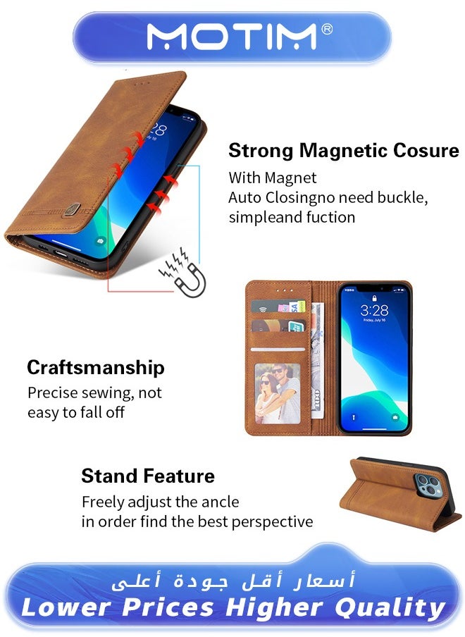 Motim - Case for iPhone 13 Case Leather Wallet Case with Card Holder Built-in Magnet Shockproof Protective Flip Cover for iPhone 13 Cover Brown - Image 1