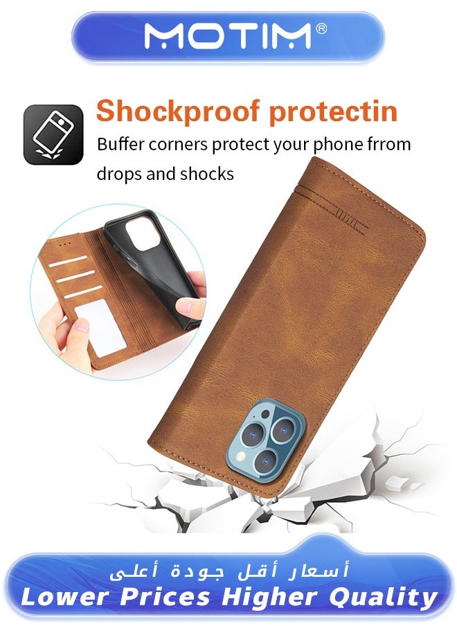 Motim - Case for iPhone 13 Case Leather Wallet Case with Card Holder Built-in Magnet Shockproof Protective Flip Cover for iPhone 13 Cover Brown - Image 1