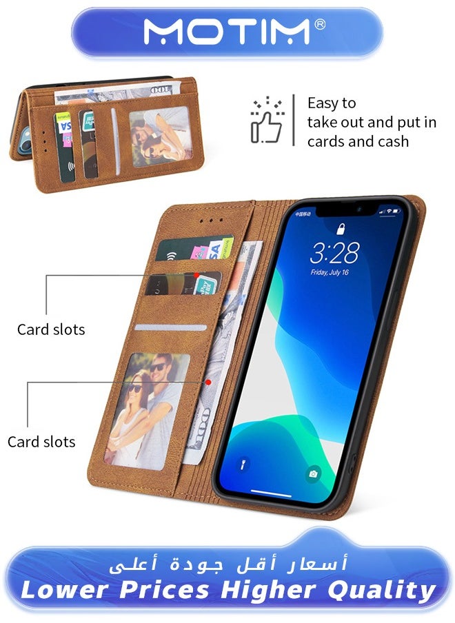 Motim - Case for iPhone 13 Case Leather Wallet Case with Card Holder Built-in Magnet Shockproof Protective Flip Cover for iPhone 13 Cover Brown - Image 1