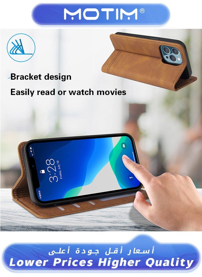 Motim - Case for iPhone 13 Case Leather Wallet Case with Card Holder Built-in Magnet Shockproof Protective Flip Cover for iPhone 13 Cover Brown - Image 1
