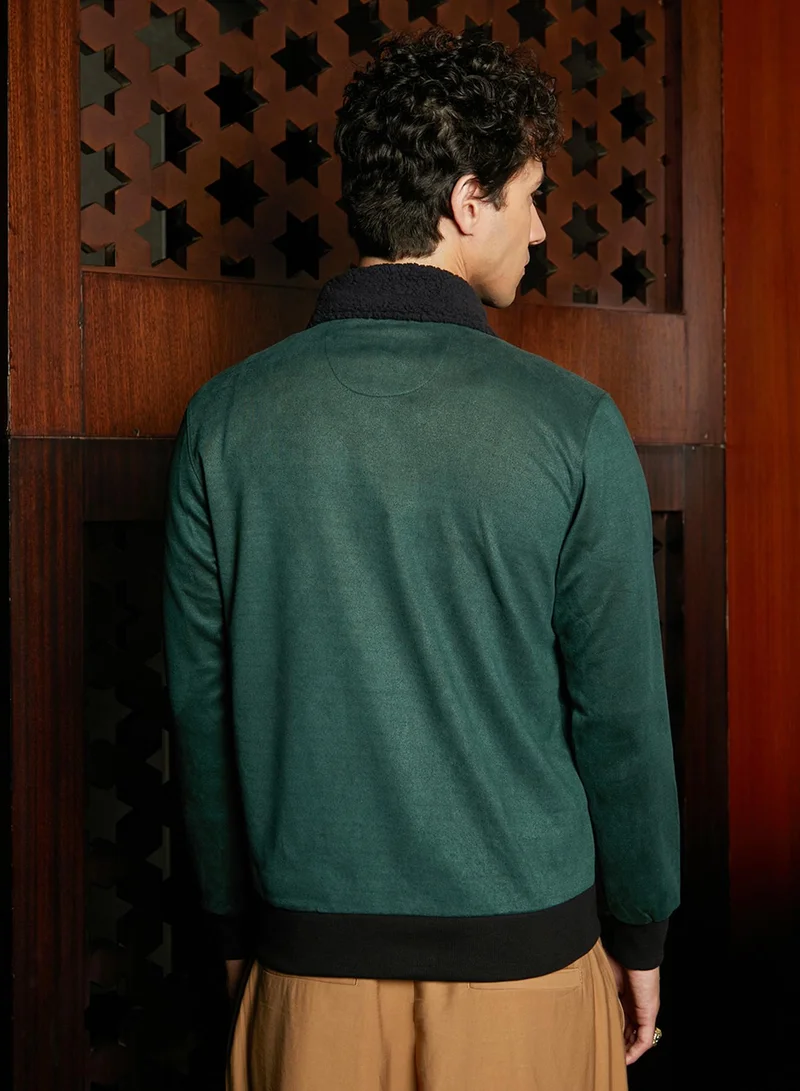 Campus Sutra Men's Emerald Green Zip-Front Jacket With Fleece Collar