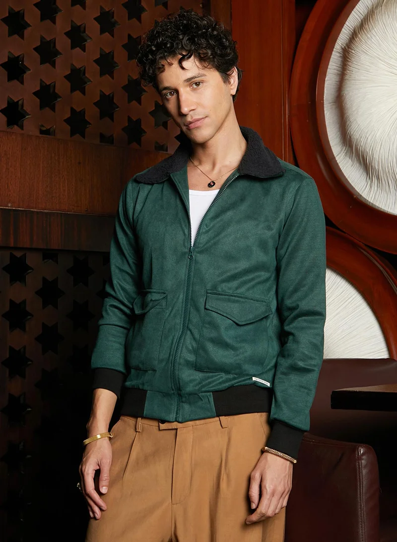 Campus Sutra Men's Emerald Green Zip-Front Jacket With Fleece Collar