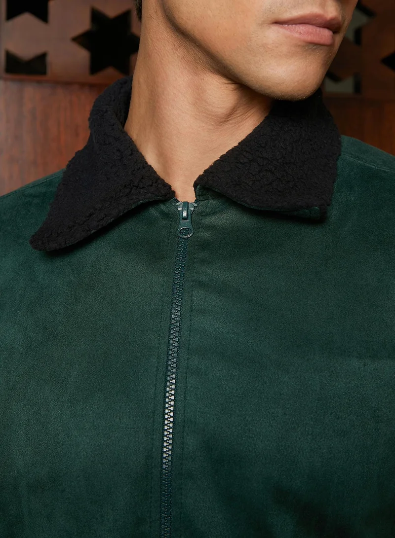 Campus Sutra Men's Emerald Green Zip-Front Jacket With Fleece Collar