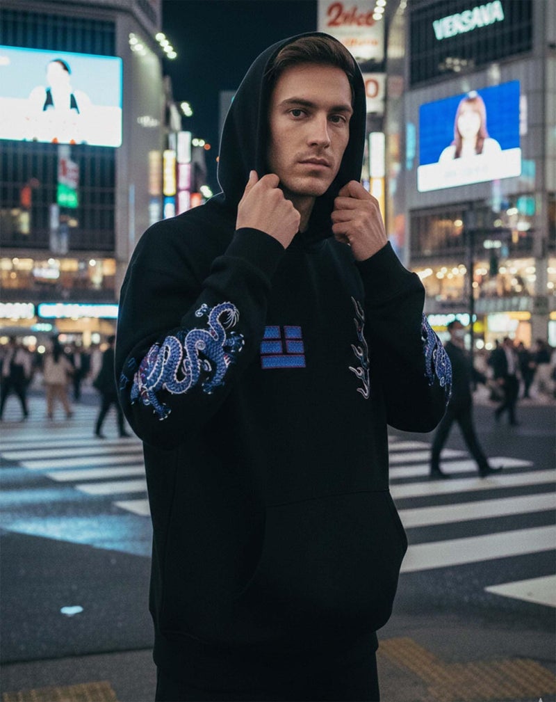 Niepce Inc Streetwear Men's Blue Dragon Embroidered Heavyweight Graphic Hoodies (Large, Black-blue dragon) - Image 4