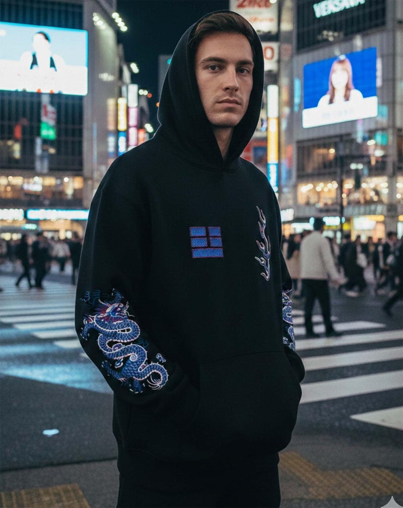 Niepce Inc Streetwear Men's Blue Dragon Embroidered Heavyweight Graphic Hoodies (Large, Black-blue dragon) - Image 3