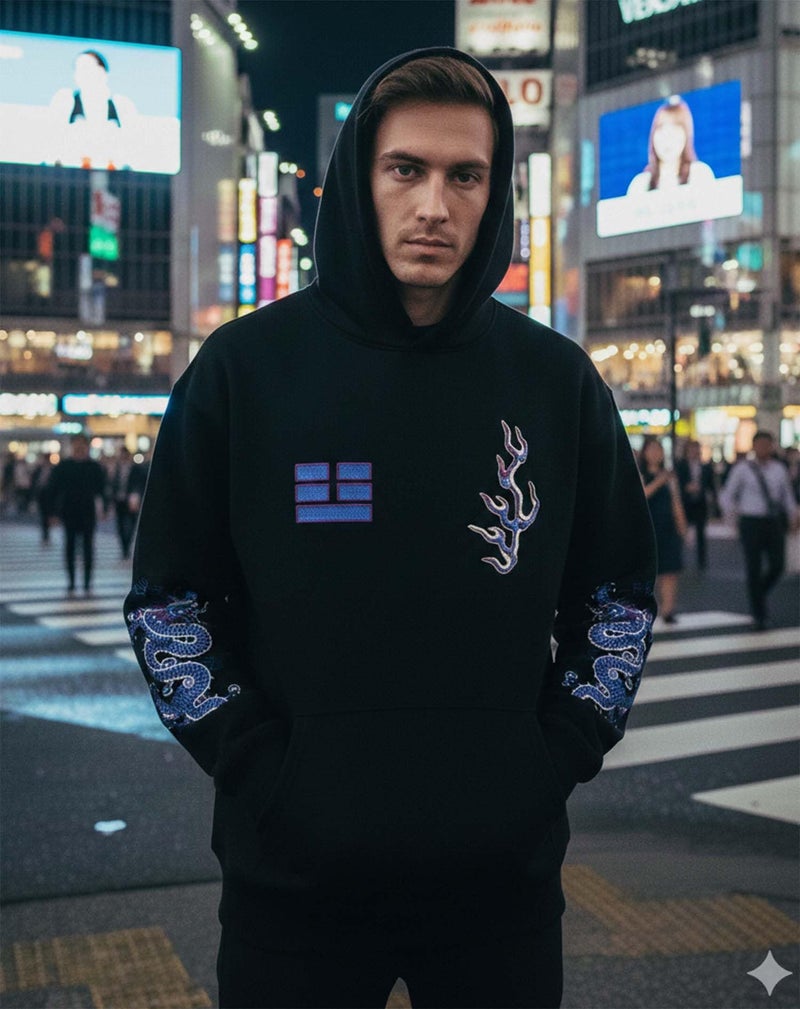 Niepce Inc Streetwear Men's Blue Dragon Embroidered Heavyweight Graphic Hoodies (Large, Black-blue dragon) - Image 2