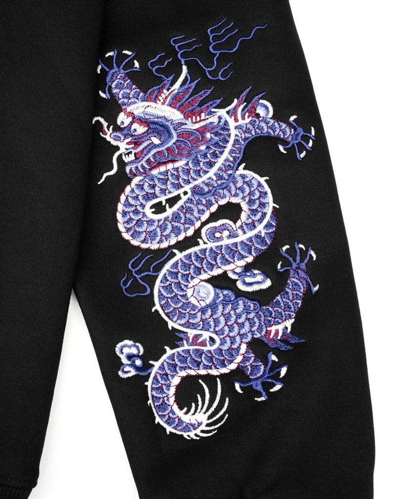 Niepce Inc Streetwear Men's Blue Dragon Embroidered Heavyweight Graphic Hoodies (Large, Black-blue dragon) - Image 5