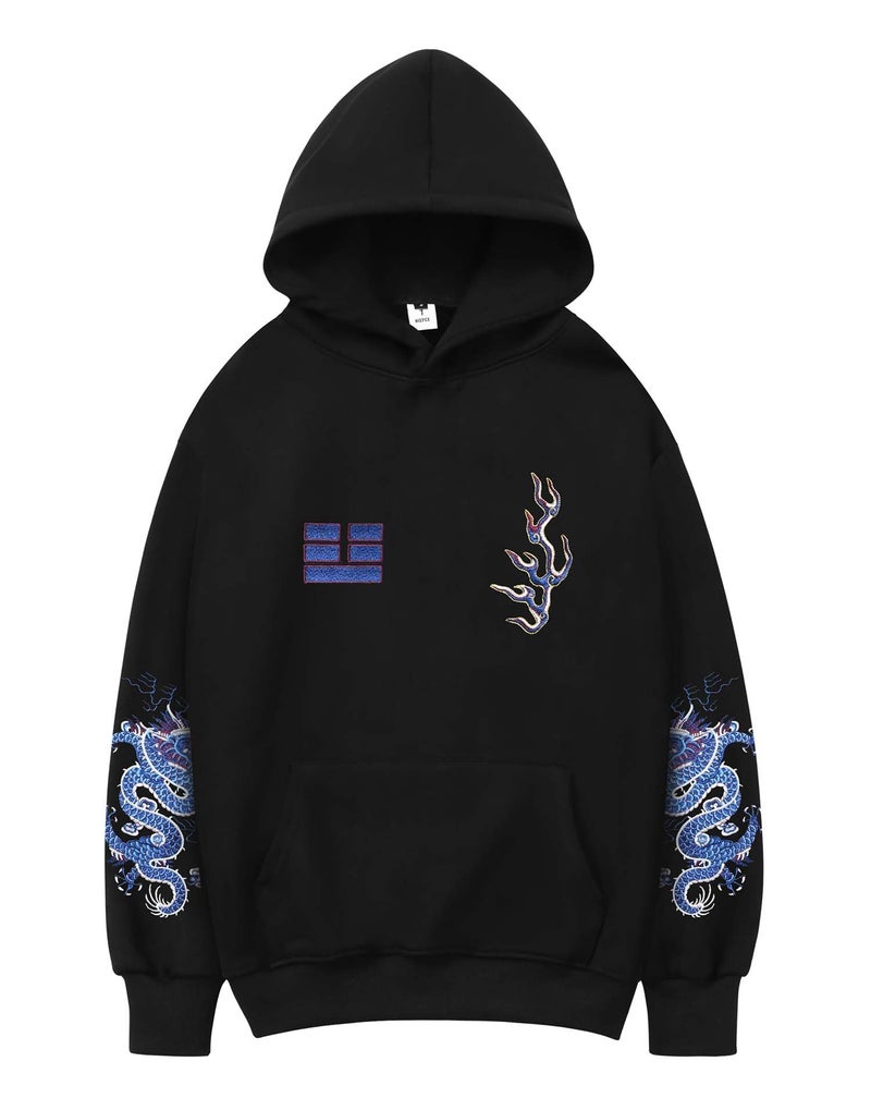 Niepce Inc Streetwear Men's Blue Dragon Embroidered Heavyweight Graphic Hoodies (Large, Black-blue dragon) - Image 1