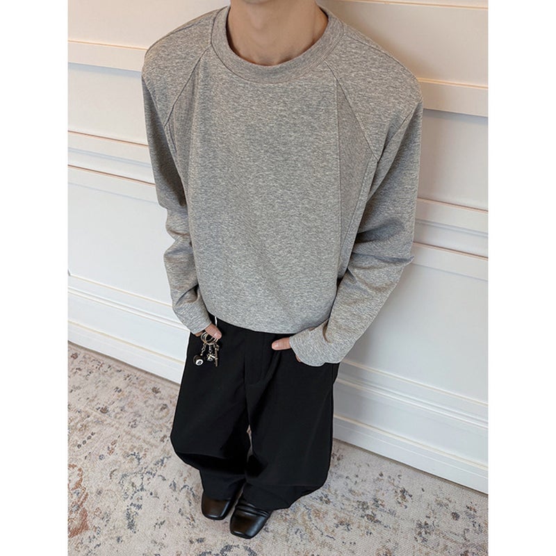 American-style small neckline straight shoulder T-shirt for men's commuting round neck splicing casual versatile boxy style long-sleeved base top - Image 2