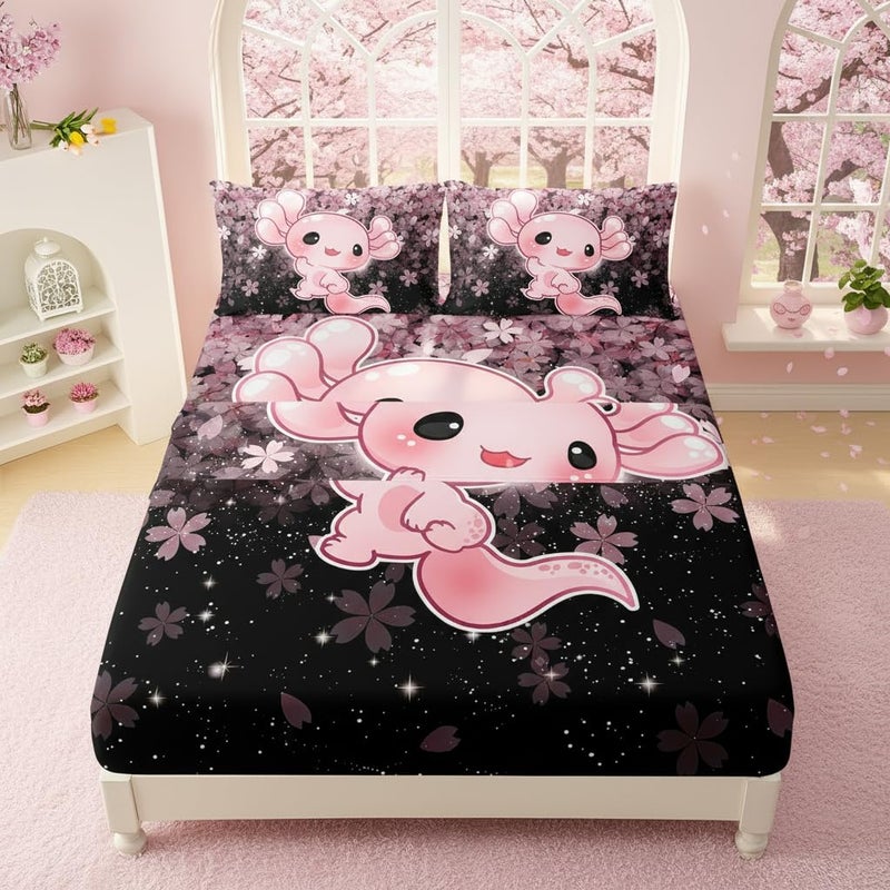 QOOMO Kawaii Axolotl Bedding for Boys and Girls Pink Cherry Blossom Super Soft Kids Bedding Set Sparkling Stars Breathable Room Decoration Twin Size 1 Fitted Sheet, 1 Flat Sheet, 2 Pillow Cases - Image 1