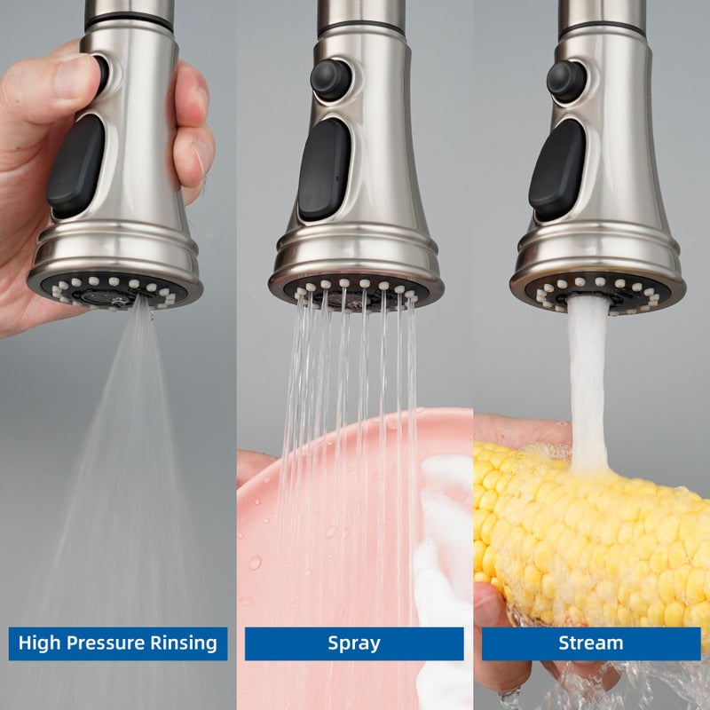 Hibbent Kitchen Faucet Head Replacement, NSF/ANSI/CAN 61 & CUPC Certified, 3 Function Pull Down Faucet Spray Nozzle-15 Adapters Compatible with Moen, American Standard, Delta, Kohler - Brushed Nickel - Image 2