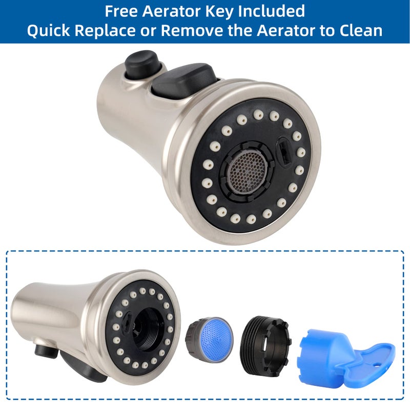 Hibbent Kitchen Faucet Head Replacement, NSF/ANSI/CAN 61 & CUPC Certified, 3 Function Pull Down Faucet Spray Nozzle-15 Adapters Compatible with Moen, American Standard, Delta, Kohler - Brushed Nickel - Image 3