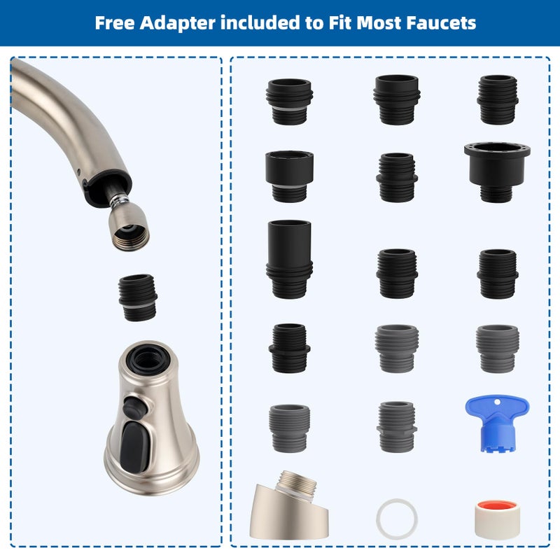 Hibbent Kitchen Faucet Head Replacement, NSF/ANSI/CAN 61 & CUPC Certified, 3 Function Pull Down Faucet Spray Nozzle-15 Adapters Compatible with Moen, American Standard, Delta, Kohler - Brushed Nickel - Image 4