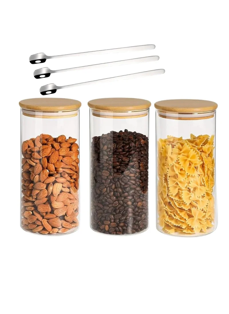 1Chase Borosilicate Glass Food Storage Jars, Air Tight Kitchen Food Storage Container Set with Natural Bamboo Lids / 3 pcs Spoon for Candy Cookie Rice Sugar Flour Pasta Nuts,1200 ML 3Pcs Set (3)