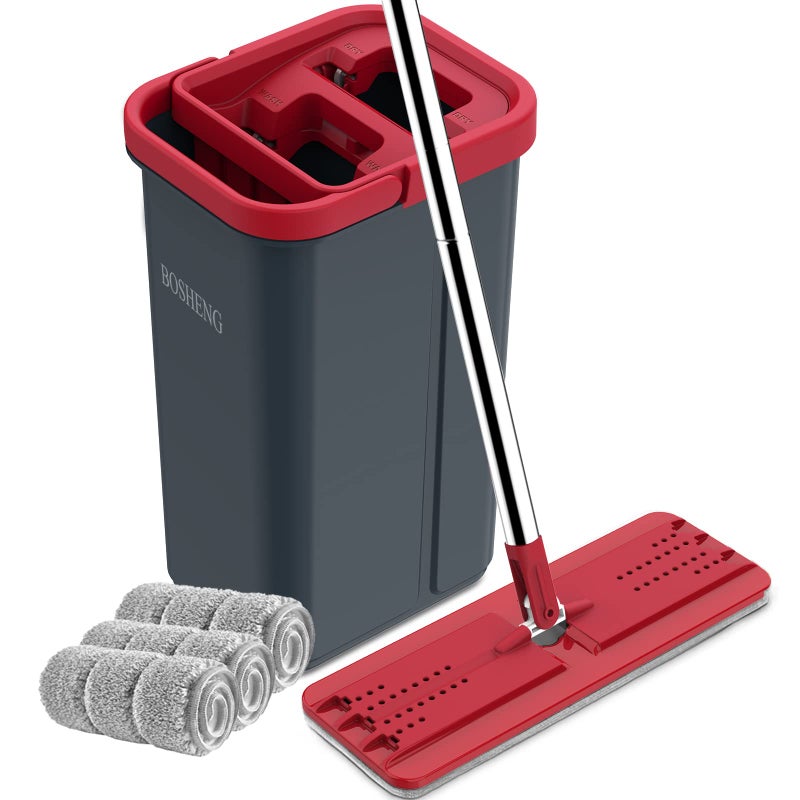 BOSHENG Hands-Free Mop and Bucket Set with 3 Washable Pads, Wet/Dry Floor Cleaning System, Red/Black - Image 1