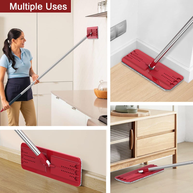BOSHENG Hands-Free Mop and Bucket Set with 3 Washable Pads, Wet/Dry Floor Cleaning System, Red/Black - Image 4