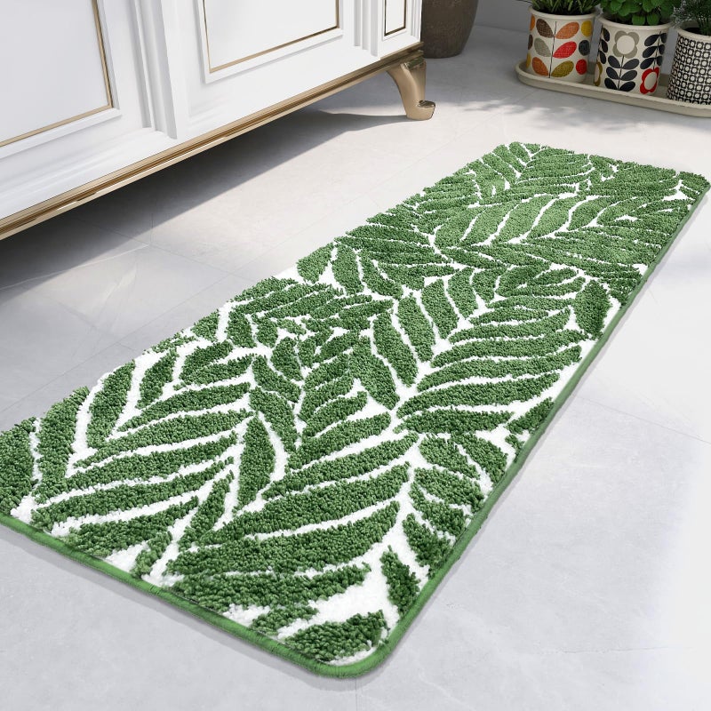 Homantic Bathroom Runner Rug - 4ft Long Bathroom Rug Green Long Bath Mat Leaf Bedroom Decor 47 Inches Rugs Water Absorbent Bath Rugs for Bathtub Leaves 18" x 47" - Image 1