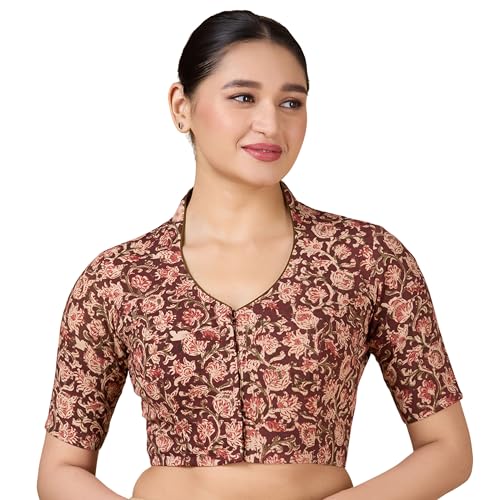 Studio Shringaar Women's Kalamkari Printed with Elbow Length Sleeves Readymade Saree Blouse (Maroon, 38) - Image 1