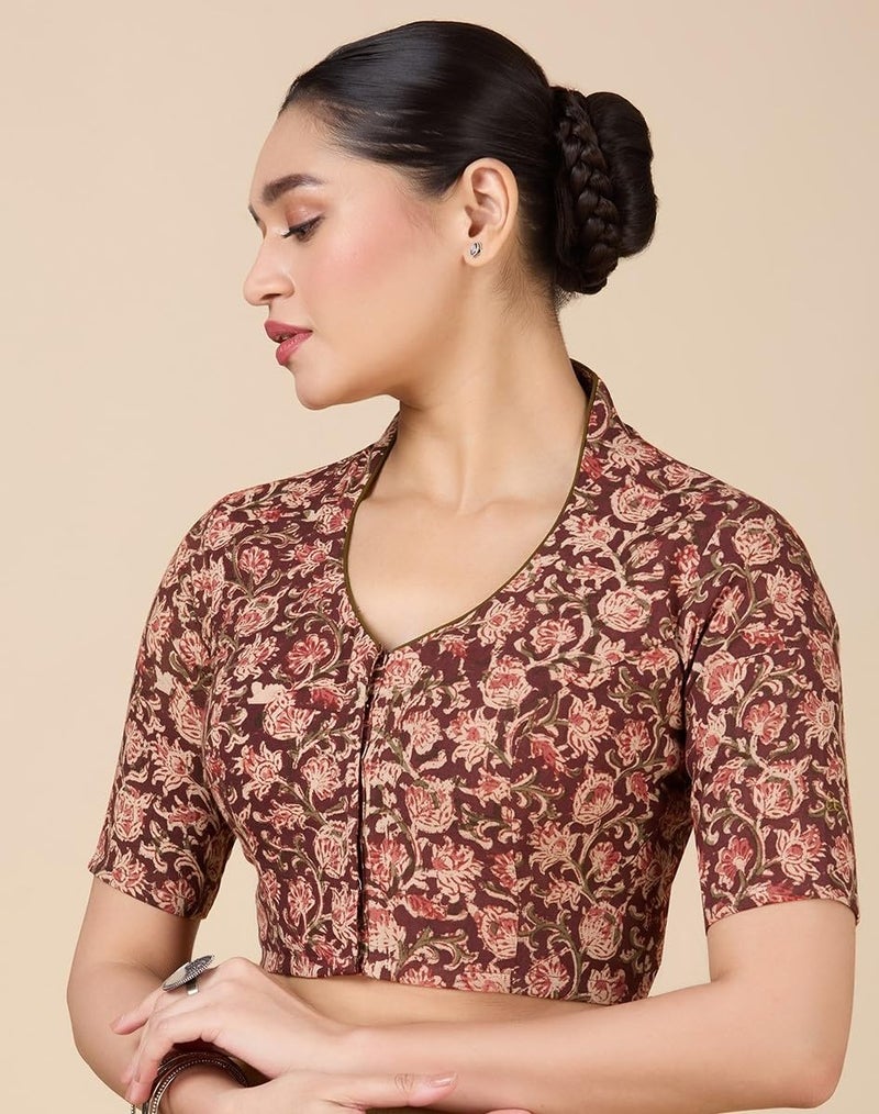 Studio Shringaar Women's Kalamkari Printed with Elbow Length Sleeves Readymade Saree Blouse (Maroon, 38) - Image 5