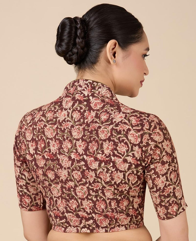 Studio Shringaar Women's Kalamkari Printed with Elbow Length Sleeves Readymade Saree Blouse (Maroon, 38) - Image 2