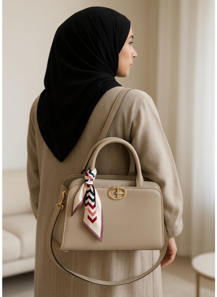 YAMEKER.AE Elegant Top Handle Handbag with Scarf Accent for Women | Premium PU Leather Shoulder & Crossbody Bag | Zipper Closure, Adjustable Strap | Daily Office & Casual Purse - Image 5