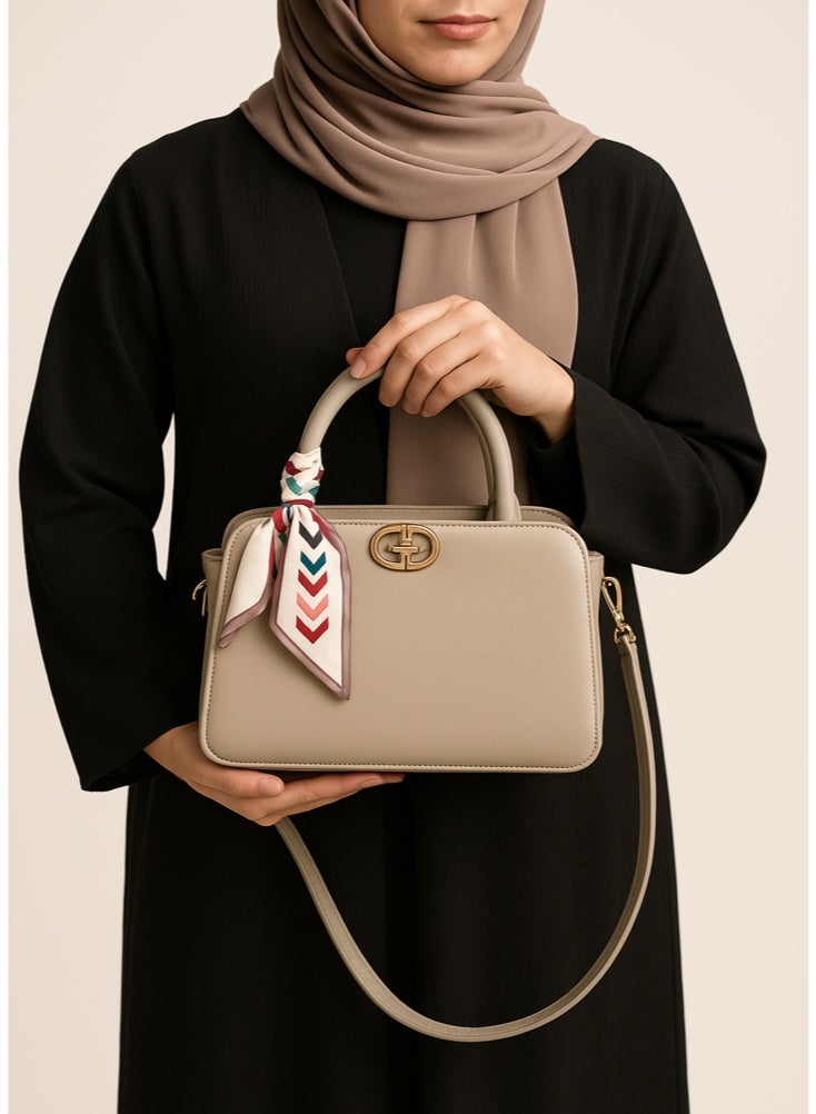 YAMEKER.AE Elegant Top Handle Handbag with Scarf Accent for Women | Premium PU Leather Shoulder & Crossbody Bag | Zipper Closure, Adjustable Strap | Daily Office & Casual Purse - Image 3