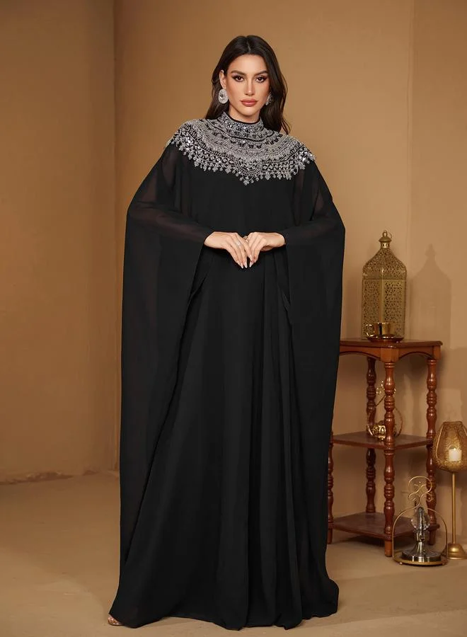Supgir Black Beaded Sequin High Neck Maxi Dress