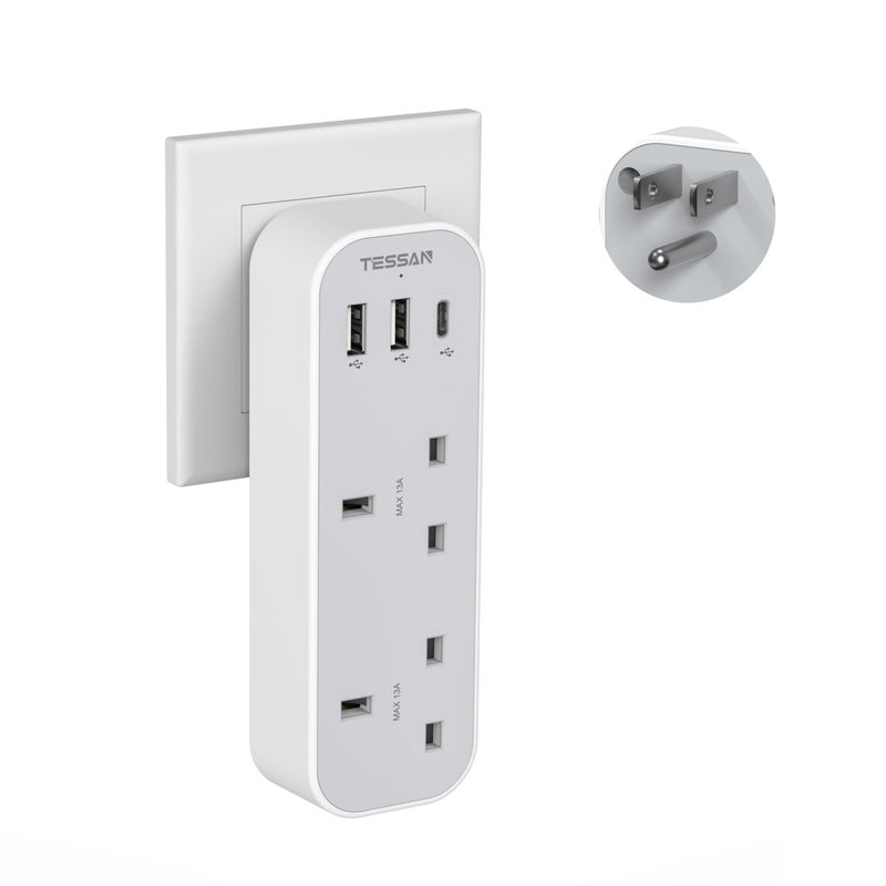 تيسان TESSAN UK to US Plug Adaptor, USA Travel Adapter with USB C - Image 1