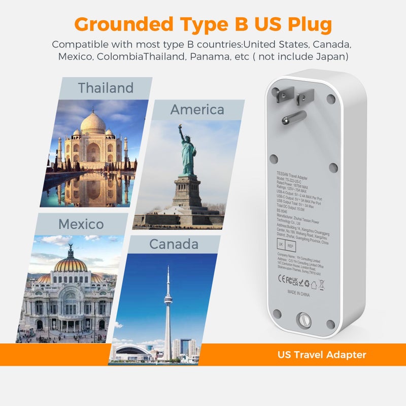 تيسان TESSAN UK to US Plug Adaptor, USA Travel Adapter with USB C - Image 2