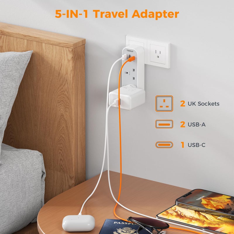 تيسان TESSAN UK to US Plug Adaptor, USA Travel Adapter with USB C - Image 3
